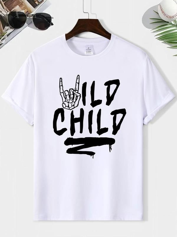 Men's Wild Child Letter Print Round Neck Graphic Tee, Loose Casual Short Sleeve T-shirt for Summer, Men's Top for Daily...