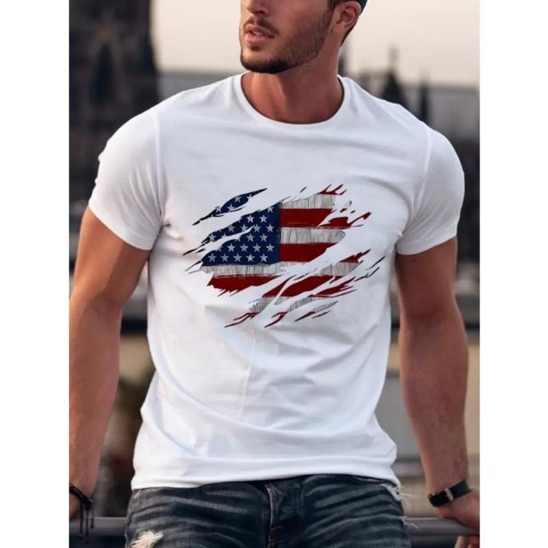 Mens American Flag Printed Casual Crew Neck T-Shirt - Soft Slight Stretch Polyester Fabric, Relaxed Fit, Summer and...