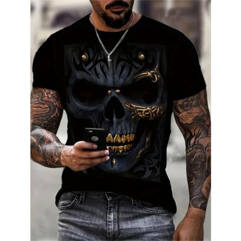 Mens Graphic Skull Print Crew Neck Short Sleeve T-Shirt - Soft Slight Stretch Polyester Blend Fabric, Breathable Mesh...