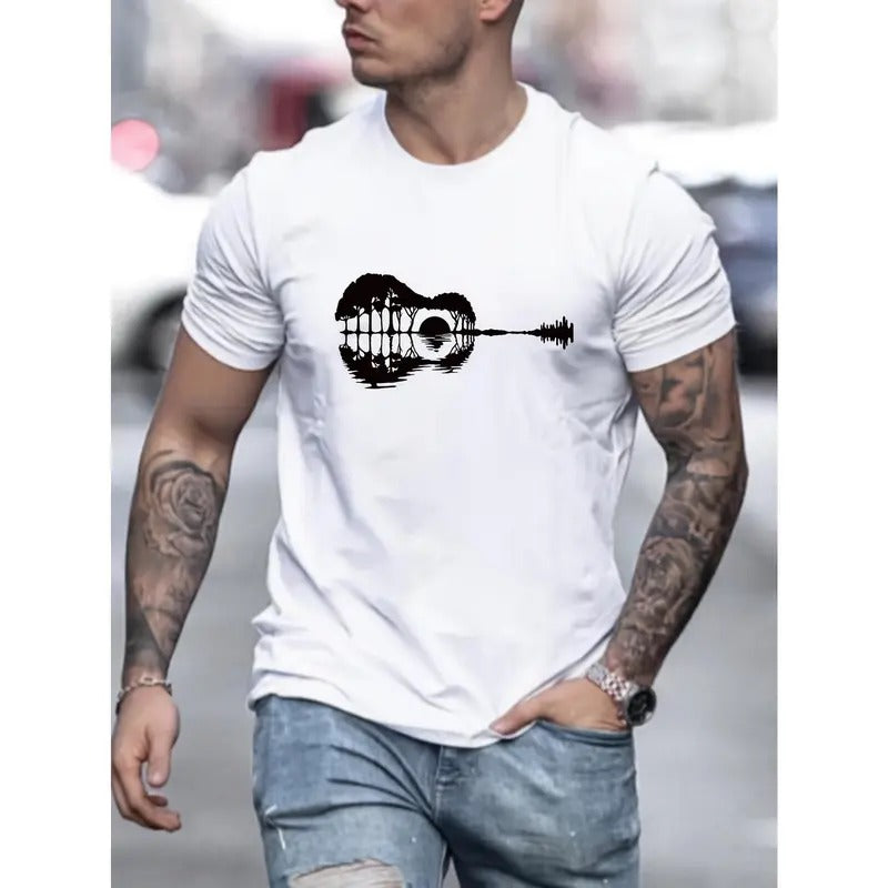 Mens Guitar Print Short Sleeve T-Shirt - Stylish Crew Neck, Ultra-Comfortable, Athletic Look