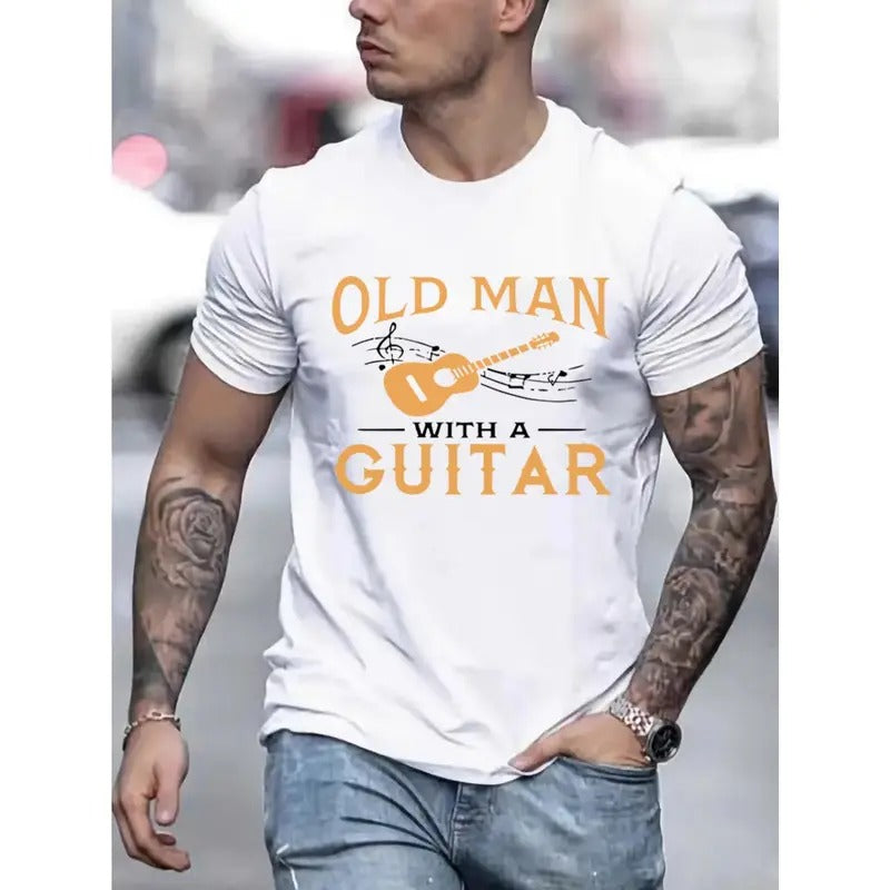 Mens Short Sleeve Old Man Guitar Graphic T-shirt - Ultra-Comfy Stretchy Trendy Tees for Perfect Summer Outings, Casual...