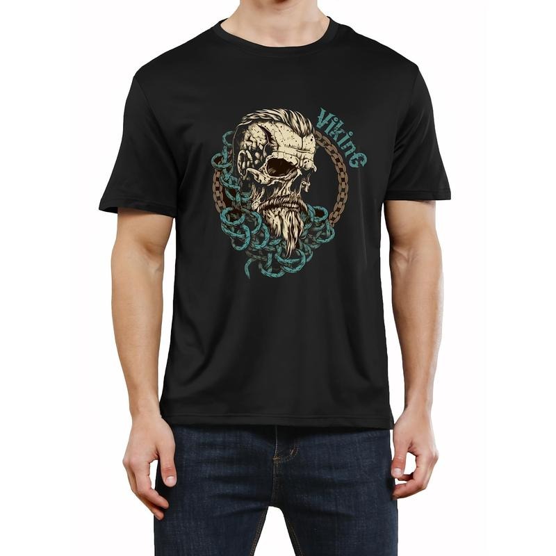 Mens Viking Skull Graphic Tee Shirt