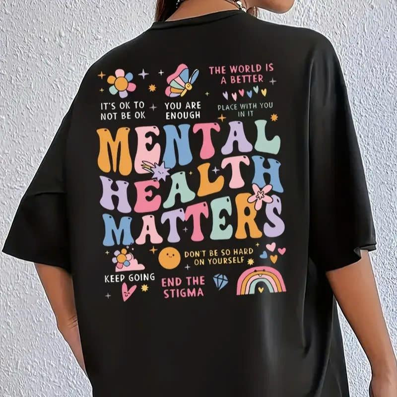 Mental Health Matters  Breathable Polyester Plus Size Short Sleeve Round Neck - Women's Casual T-Shirt with Letter Print