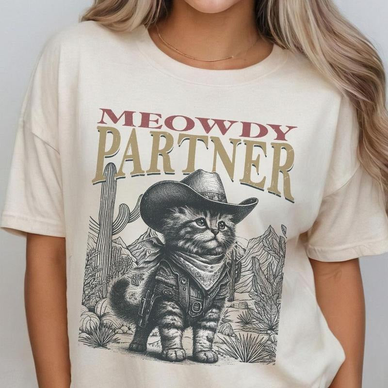 Meowdy Partner Shirt, Vintage Shirt For Women, Funny Country Shirt, Cat Cowboy Shirt, Vintage Western Tee, Women's Tops,...