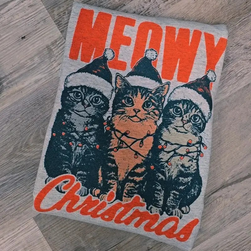 Meowy Christmas Cat Lovers Graphic Tee or Sweatshirt Hoodie | HypeDripTees.com