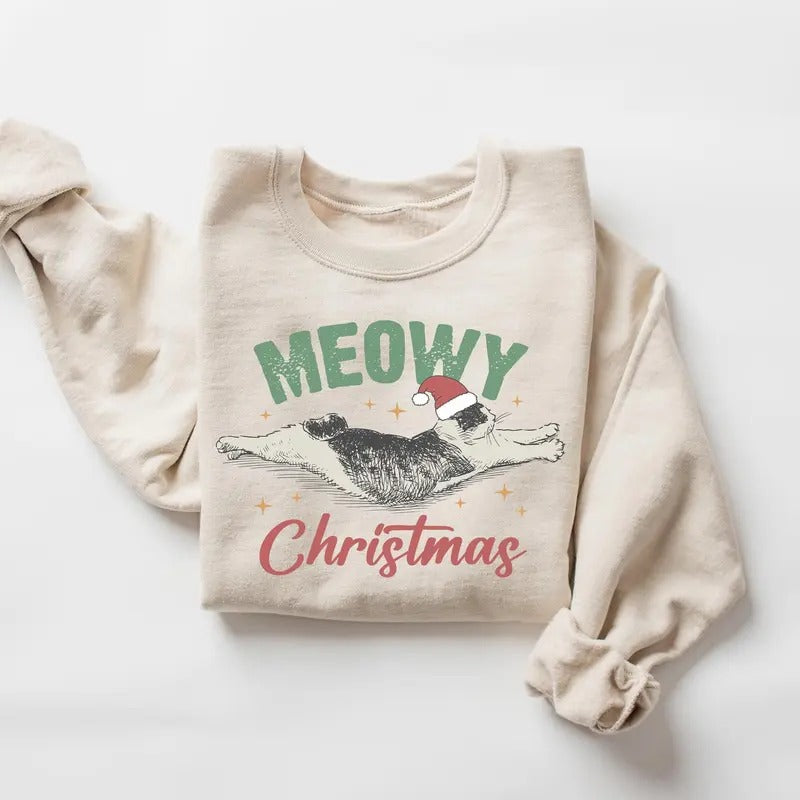 Meowy Christmas Sweatshirt, Cat Christmas Shirt, Cute Cat Shirt, Christmas Crewneck Hoodie, Cat Mom Shirts Casual Classic...