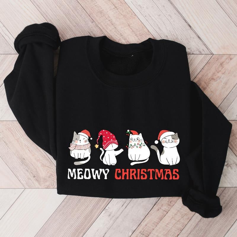 Meowy Christmas Sweatshirt, Cat Lover Sweater, New Year Party Sweatshirt, Christmas Cats Mom Gift Hoodie, Car Owner Long...