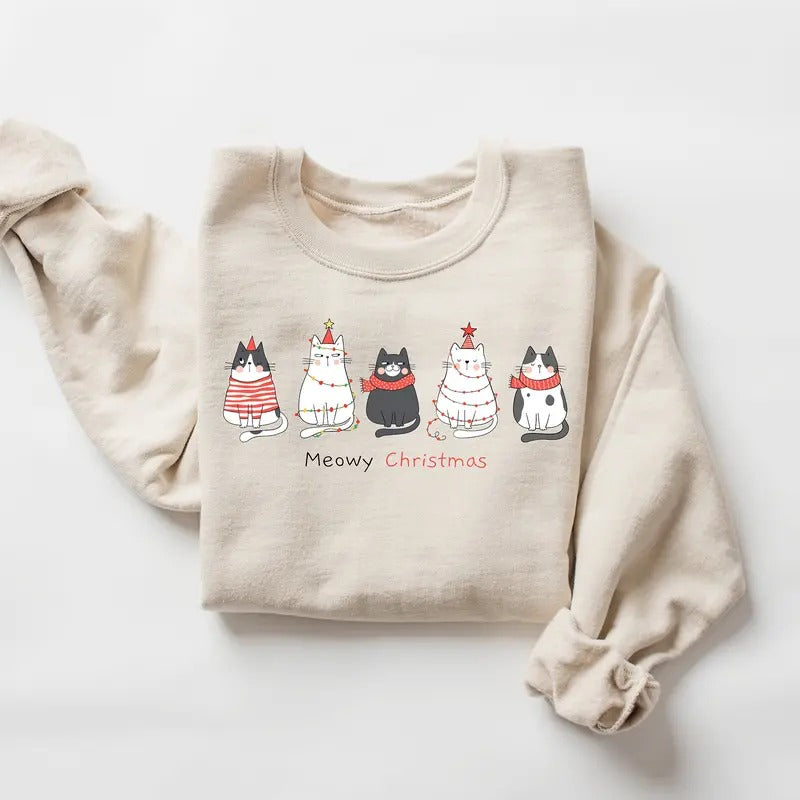 Meowy Christmas Sweatshirt,Happy Cat Year Shirt,Funny Christmas Cat Shirt,Cat Christmas Sweatshirt,Cats Sweatshirt,Cat...