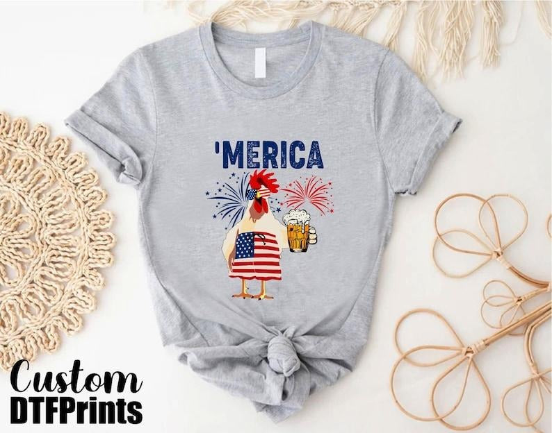 Merica Tshirt, 4th Of July Chicken Shirt, Patriotic Animals Shirt, Independence Day Celebration Gift Shirt For Beer...