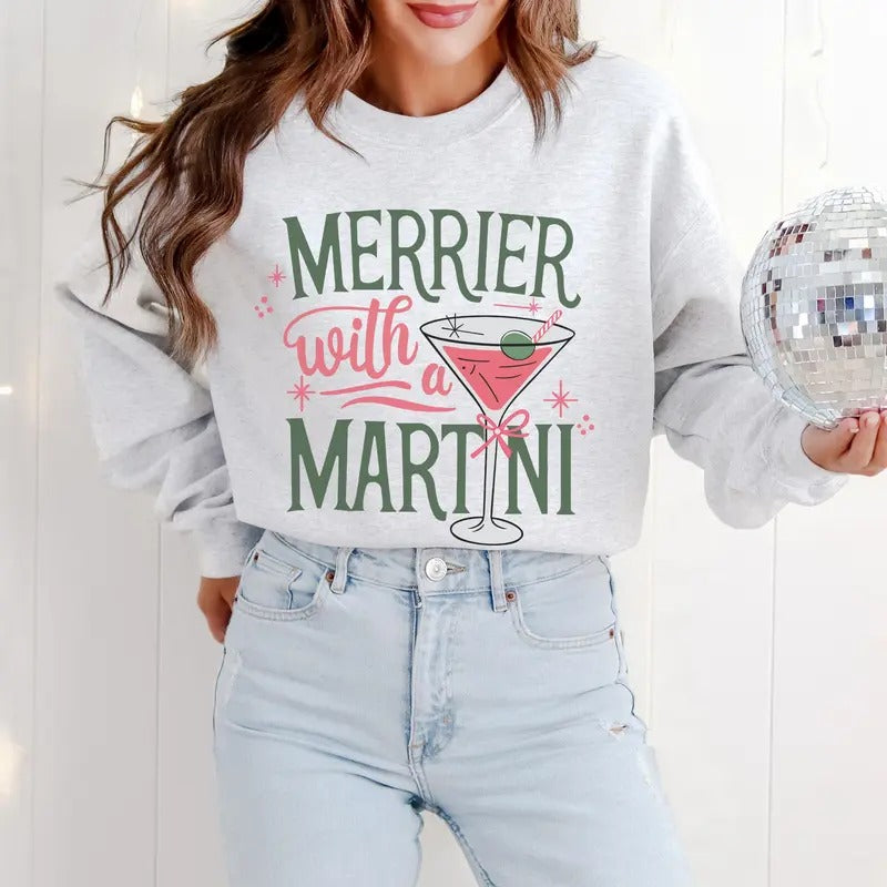Merrier with a Martini Retro Christmas Sweatshirt, Funny Holiday Cocktail Sweater, Vintage Xmas Party Sweatshirt, Holiday...