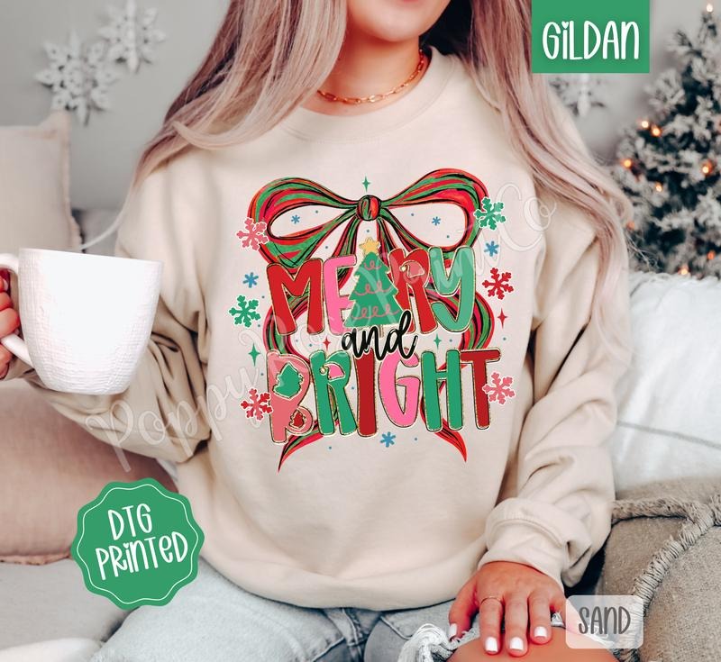Merry & Bright Bow Sweatshirt, Trendy Women's Christmas Crewneck T-Shirts, Hoodie | HypeDripTees.com