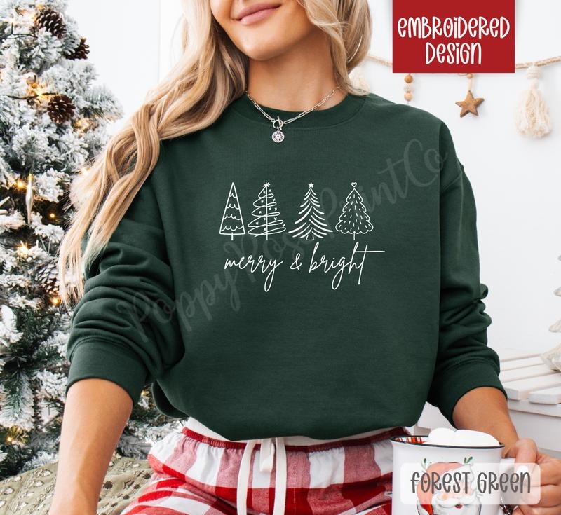 Merry & Bright Embroidered Christmas Sweatshirt, Holiday Crewneck, Xmas Sweater T-Shirts, Hoodie | HypeDripTees.com
