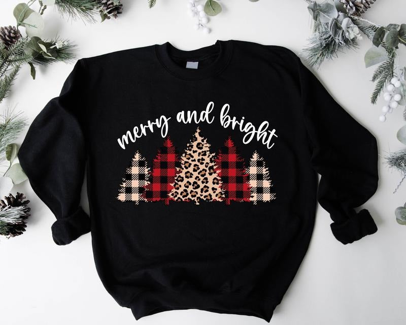 Merry And Bright Sweatshirt, Leopard Christmas Tree Hoodie, Cute Christmas Gift Sweater, Holiday Sweatshirt, Leopard...