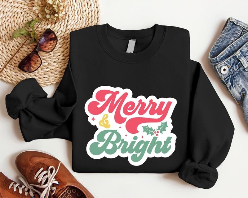Merry And Bright Sweatshirt, Unisex Christmas Sweatshirt, Merry Christmas Hoodie, Cute Xmas Party Gift Sweater, Trendy...