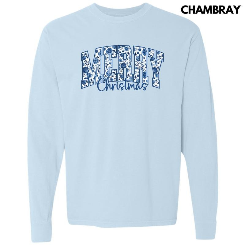 Merry Blue Floral Christmas Long Sleeve Comfort Colors T-Shirt 'NLB' Hoodie, Sweatshirt | HypeDripTees.com