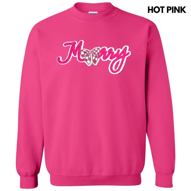 Merry Chenille & Sequin Bow Patch Sweatshirt T-Shirts, Hoodie | HypeDripTees.com