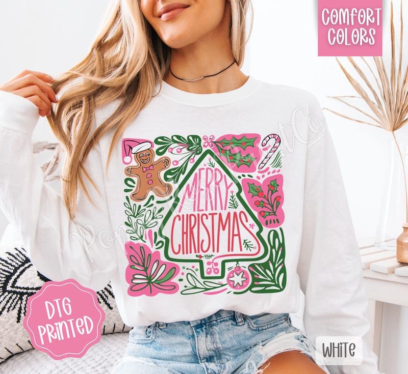 Merry Christmas Abstract Comfort Colors Long Sleeve T-Shirt, Cute Women's Holiday Tee Hoodie, Sweatshirt | HypeDripTees.com