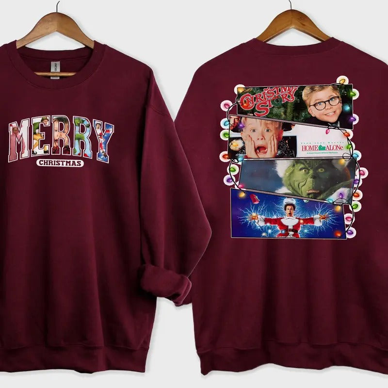 Merry Christmas Characters Shirt Sweatshirt 2 Sides, Funny Character Christmas Sweatshirt, Xmas  Movie Sweatshirt Hoodie