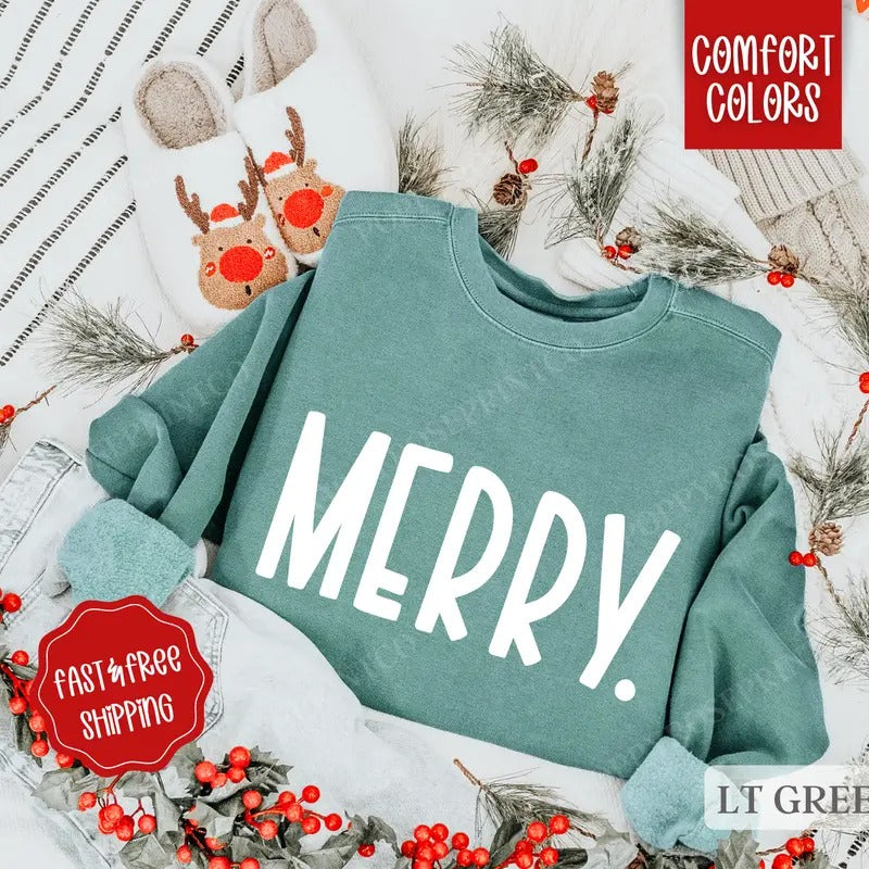 Merry Christmas Comfort Colors Sweatshirt, Xmas Sweater Womenswear, Holiday Crewneck T-Shirts, Hoodie | HypeDripTees.com
