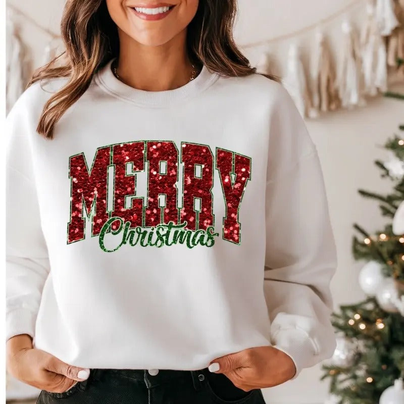 Merry Christmas Glitter Faux Sequin Fleece Crewneck Sweatshirt T-Shirts, Hoodie | HypeDripTees.com
