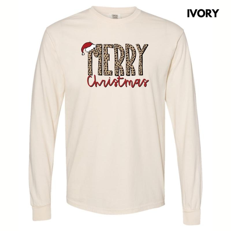 Merry Christmas Leopard Long Sleeve Comfort Colors T-Shirt Hoodie, Sweatshirt | HypeDripTees.com