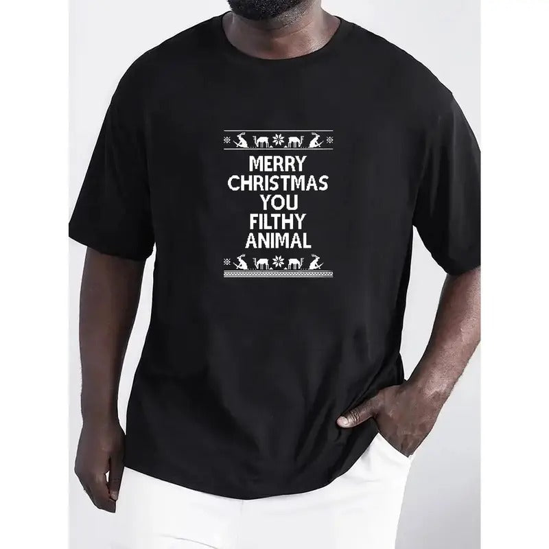 Merry Christmas Letter Pattern Men's T-shirt For Summer Outdoor, Men's Chic Crew Neck Tops Made in USA Hoodie, Sweatshirt