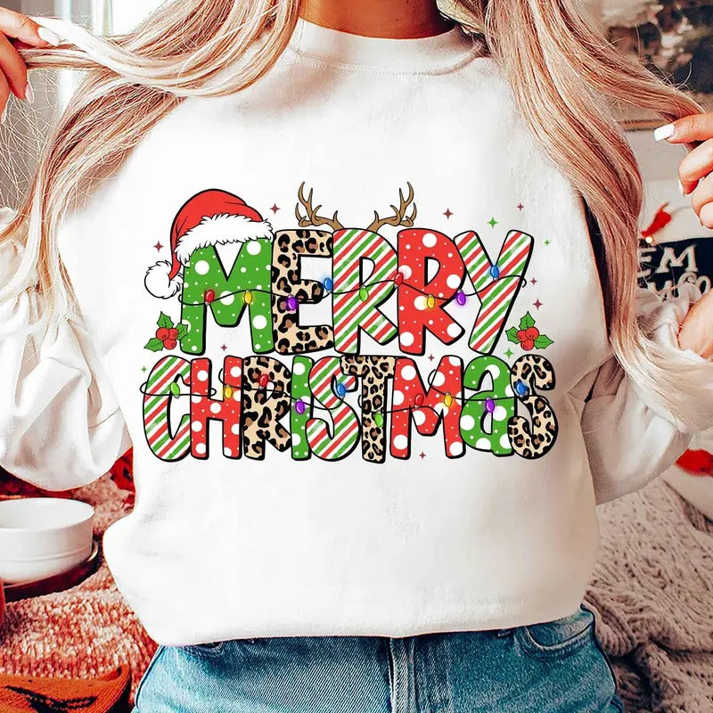 Merry Christmas Retro Leopard Reindeer Cozy Sweater, Christmas Shirt, Vintage Christmas Girly, Xmas Leopard Printed, Xmas...