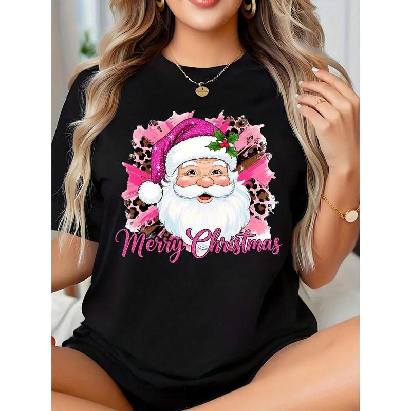 Merry Christmas Santa Claus Leopard Print Graphic Shirt Women's Holiday T-Shirt Festive Christmas Shirt For Christmas...
