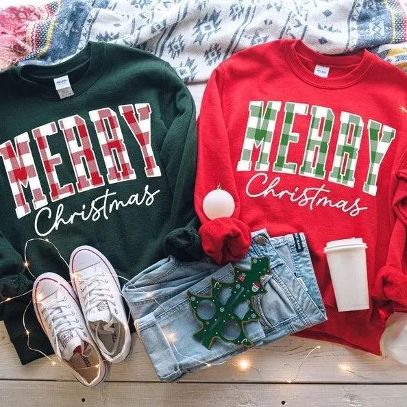 Merry Christmas Sweatshirt,  Plaid Sweater, Christmas Family crewneck, Xmas Gift Shirt, Woman Xmas Shirt, Cute Winter...
