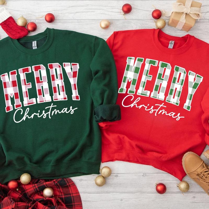 Merry Christmas Sweatshirt, Buffalo Plaid Sweater, Christmas Family crewneck, Xmas Gift Idea, Woman Xmas Shirt, Cute...