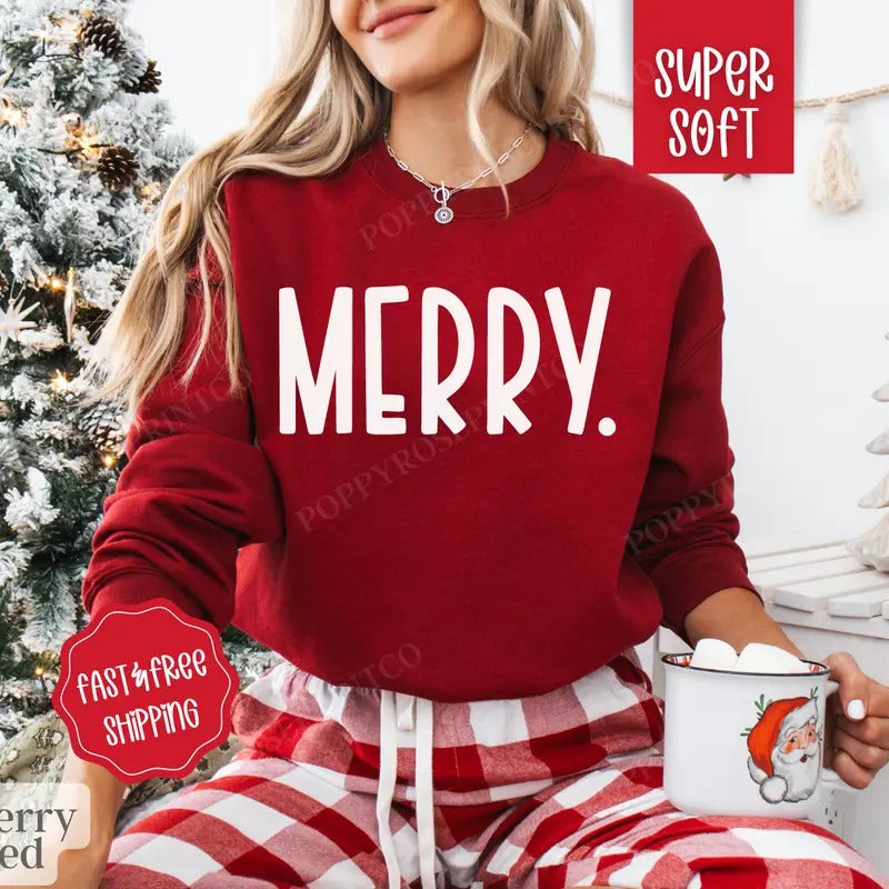 Merry Christmas Sweatshirt, Christmas Sweater, Women's Holiday Crewneckstyle{n002}2 T-Shirts, Hoodie | HypeDripTees.com