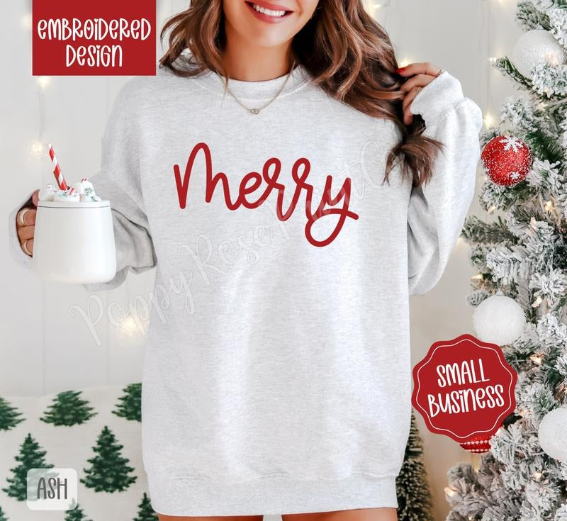 Merry Embroidered Christmas Sweatshirt, Holiday Crewneck Sweatshirt, Xmas Sweater T-Shirts, Hoodie | HypeDripTees.com
