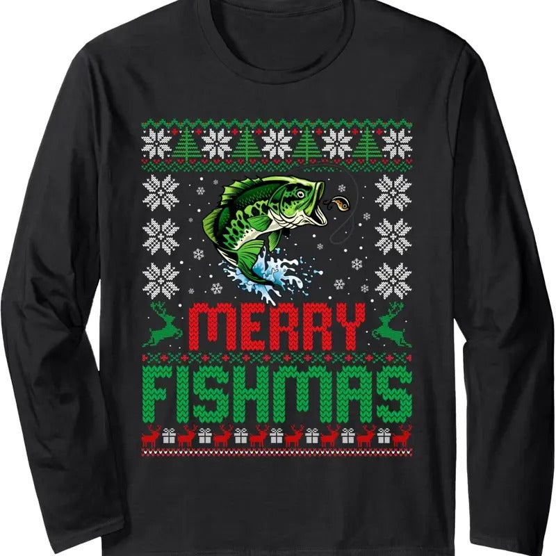 Merry Fishmas Bass Fish Fishing Christmas Ugly Sweater Xmas Long Sleeve T-Shirt Hoodie, Sweatshirt | HypeDripTees.com