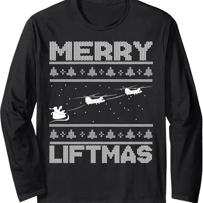 Merry Liftmas Chinook Helicopter Ugly Christmas Chinook Long Sleeve T-Shirt Hoodie, Sweatshirt | HypeDripTees.com