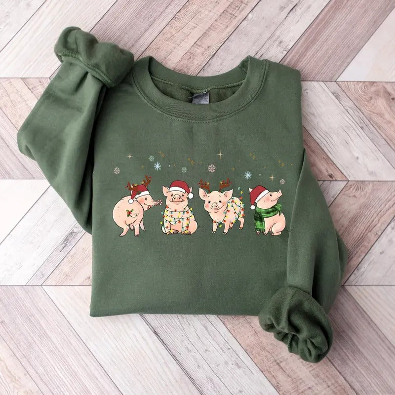 Merry Pigmas Sweatshirt, Funny Xmas Pig Sweater, Pig Lover Gift T-Shirt, Funny Farmer Shirt Collar Cotton Jersey Knit Hoodie