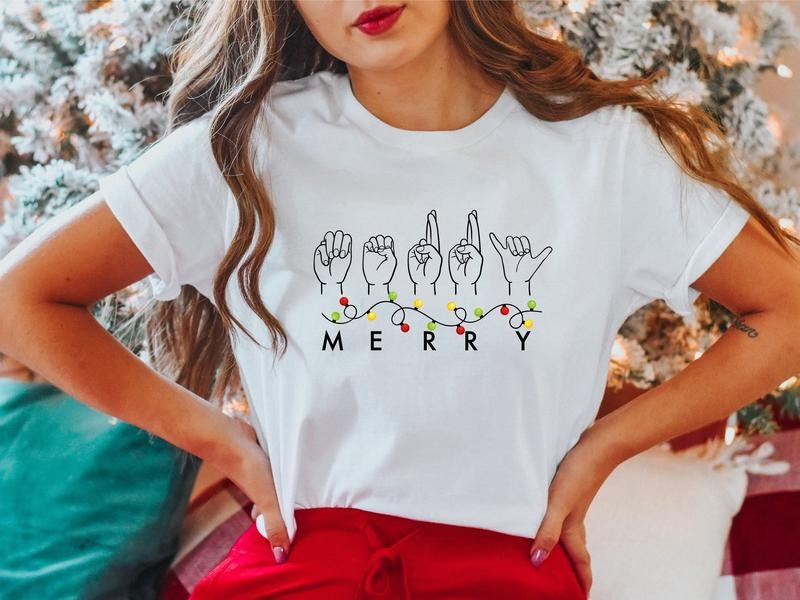 Merry Sign Language Shirt, Speech Language Christmas Lights Tee, Unisex ASL Christmas Party T-Shirt, Hand Language...