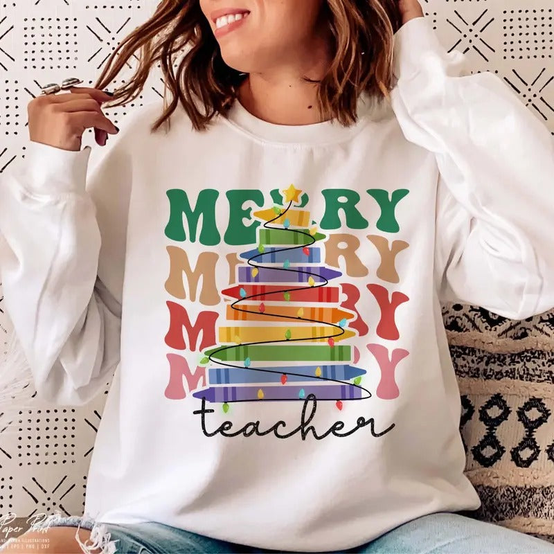 Merry Teacher T-Shirt, Teacher Christmas Sweatshirt, Christmas Gifts for Teachers, Merry Christmas Clothing, Unisex...