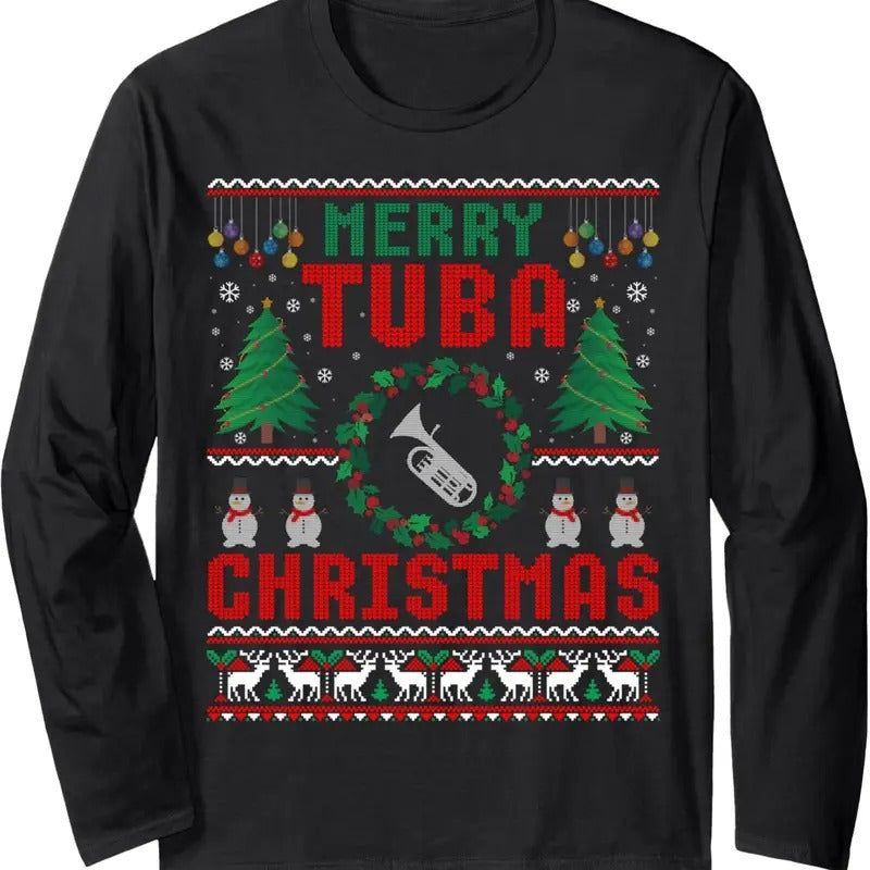 Merry Tuba Christmas Ugly Sweater Music Instrument Long Sleeve T-Shirt Hoodie, Sweatshirt | HypeDripTees.com