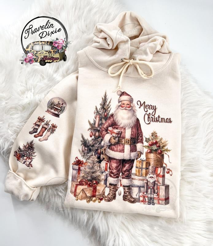 Merry Vintage Santa Christmas Sweatshirt or Hoodie with sleeve print T-Shirts | HypeDripTees.com