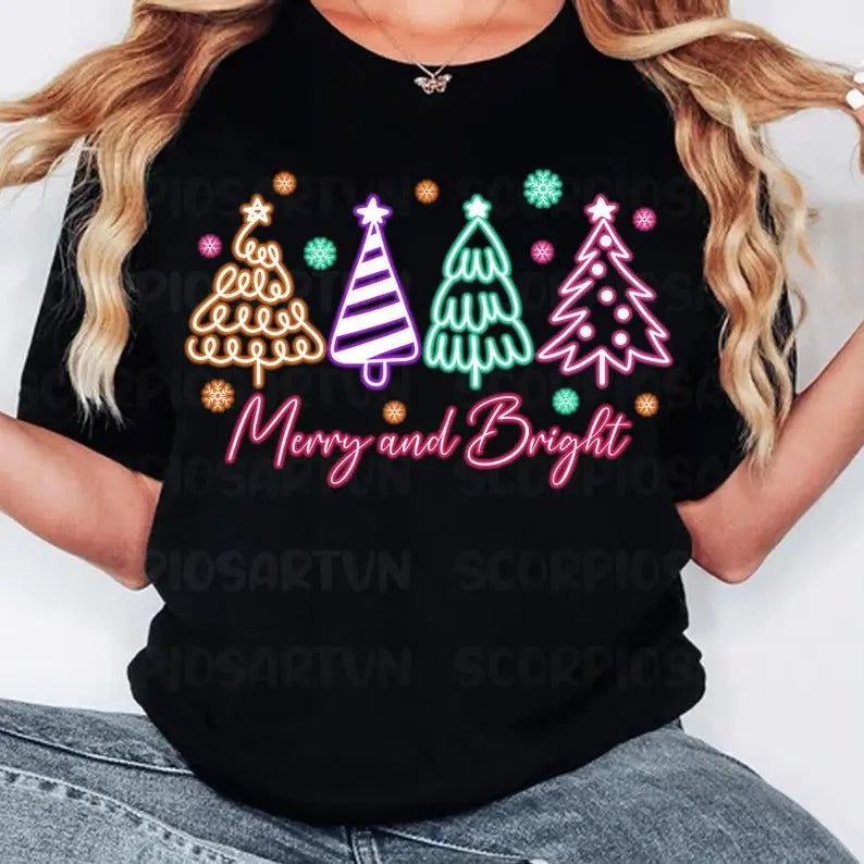 Merry and Bright Neon, Christmas, Neon Christmas, Christmas Tree, Christmas Coquette Bow, Christmas T shirt Hoodie,...