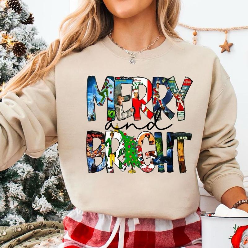 Merry and Bright Sweatshirt, Christmas Movies Shirt, Vintage Christmas Sweatshirt, Merry Christmas Shirt, Retro Christmas...