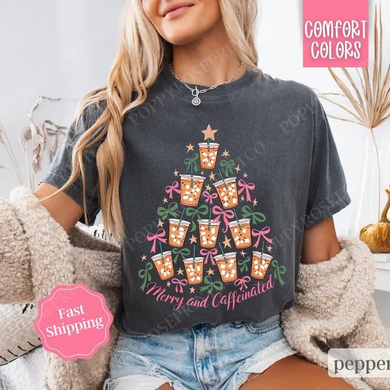 Merry and Caffeinated Shirt, Coffee Lover Christmas Tee, Women's Holiday Tshirt Hoodie, Sweatshirt | HypeDripTees.com