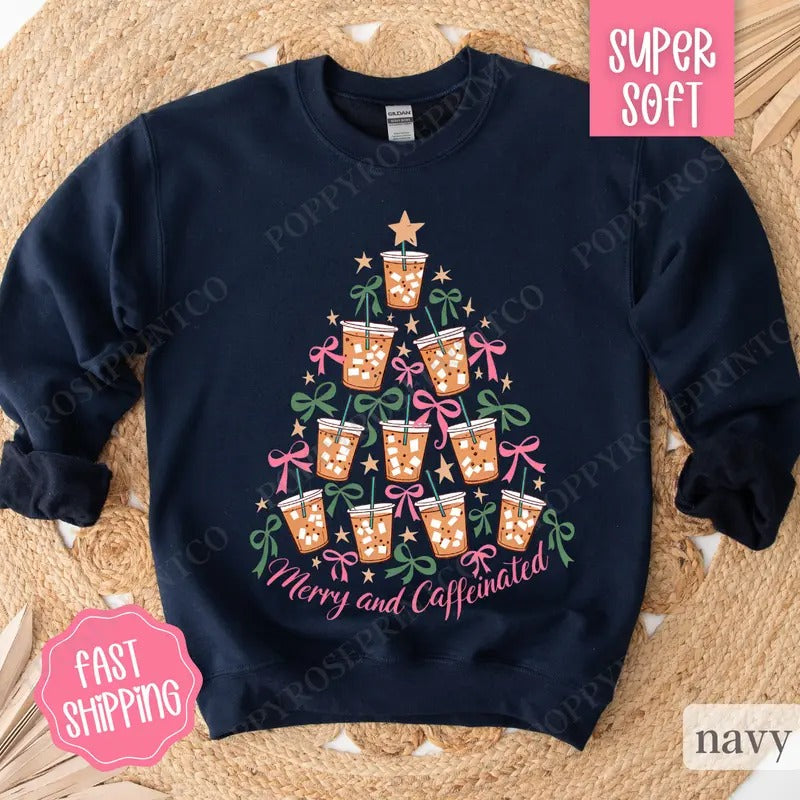 Merry and Caffeinated Sweatshirt, Coffee Lover Christmas Crewneck, Women's Holiday Sweater T-Shirts, Hoodie