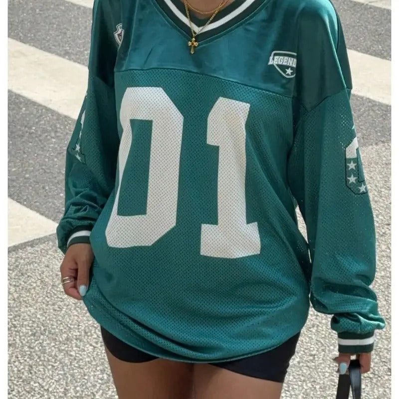 Mesh V Neck Long Sleeve Soccer Jersey Shirt Y2k Number  daily holiday Graphic Loose Tee Top sweatshirt Hoodie