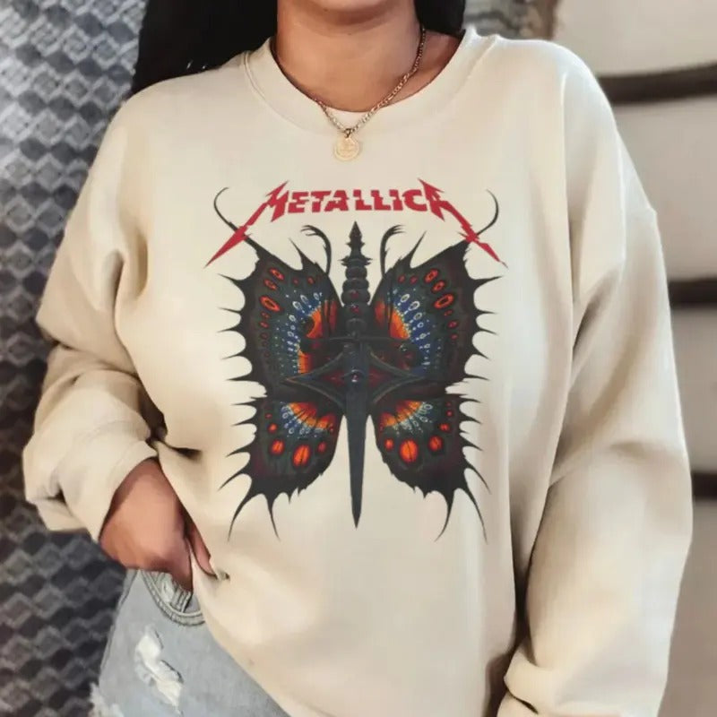 Metallicc Butterfly Band Graphic Tee, Rock Band Merch, Music Tour Hoodie, Heavy Metal Tshirt, Unisex Sweater Pullover Tee...
