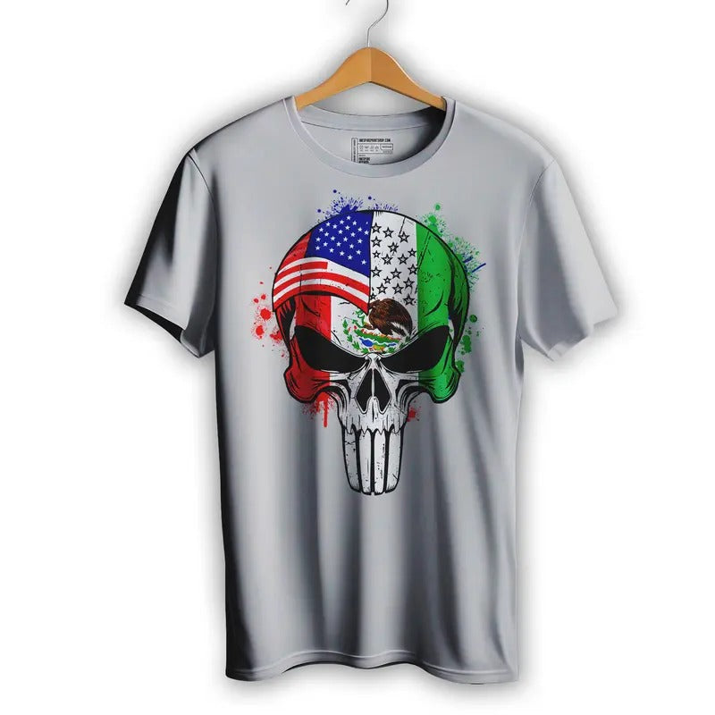 Mexican American Flag Skull El Castigador Short Sleeve T-Shirt Casual Crewneck Hoodie, Sweatshirt | HypeDripTees.com