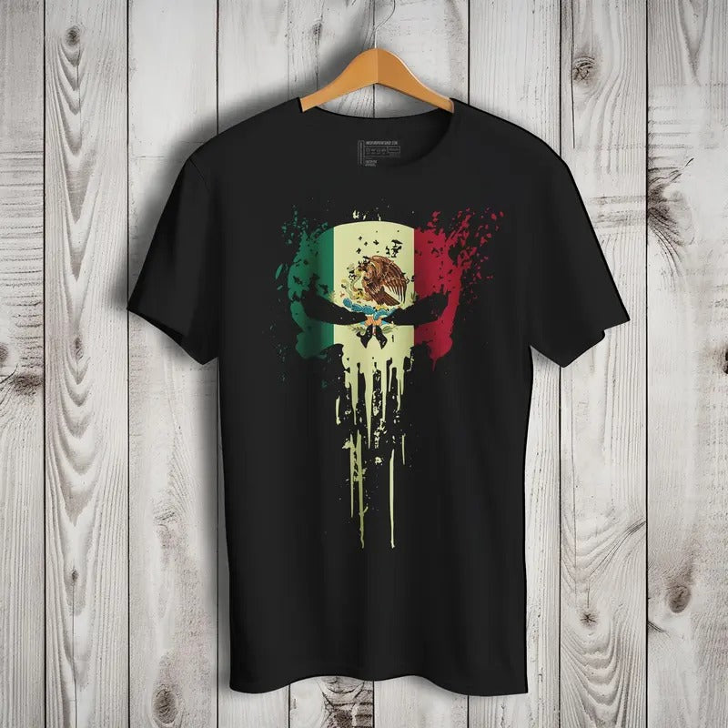 Mexican Flag Skull El Castigador Short Sleeve T-Shirt- Playera De Mexico Casual Crewneck Hoodie, Sweatshirt