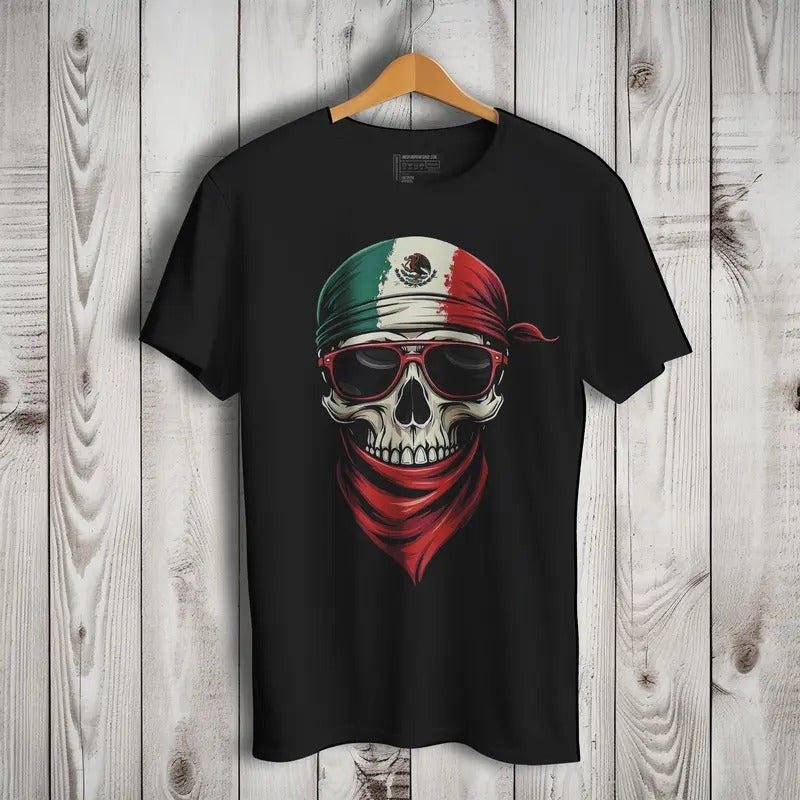 Mexican Flag Skull Short Sleeve T-Shirt- Playera De Mexico Con Calavera Crewneck Casual Hoodie, Sweatshirt | HypeDripTees.com