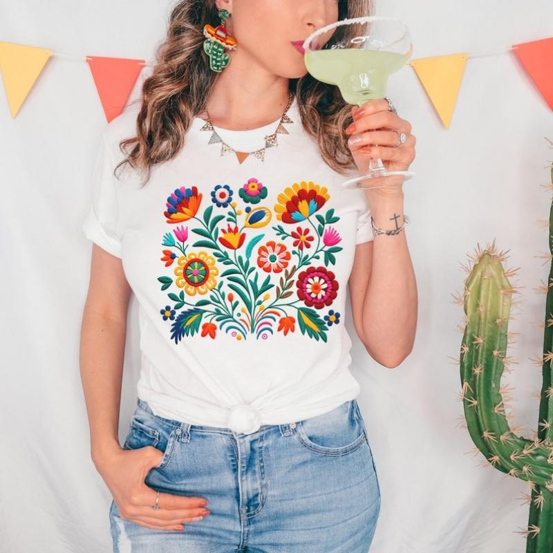 Mexican Folklore Flower tshirt, Floral T-shirt, Flower Lover Shirt, Mom Gift, Mexican Embroidery Flower Print, Regalo...