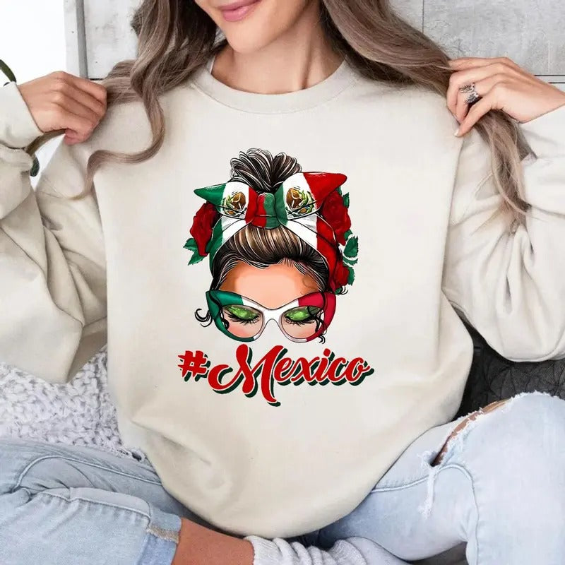 Mexico Messy Bun Shirt, Mexican Flag Shirt For Woman, Cute Latina Gift Tee For Mom, Proud Mexican T Shirt. Shirtslatinas, Unisex Sweater Pullover Tee